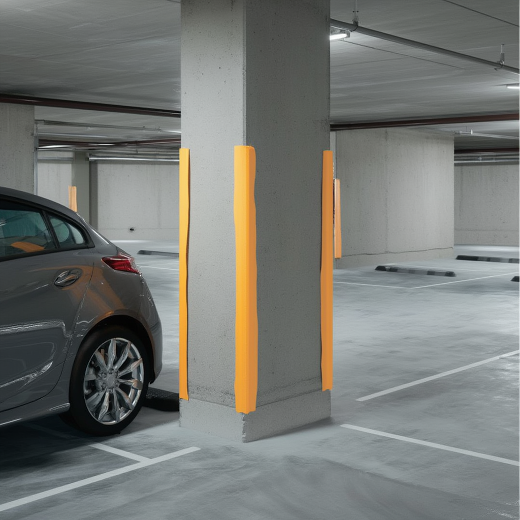 Protection en mousse colorée installée sur un poteau de garage pour protéger les murs des chocs.