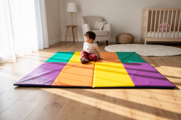 Tapis de motricité modulable aux couleurs vives disposé dans une chambre d'enfant lumineuse