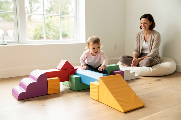 Tapis d'éveil motricité libre coloré installé dans un coin lumineux de salon familial avec enfant qui joue sous surveillance parentale.