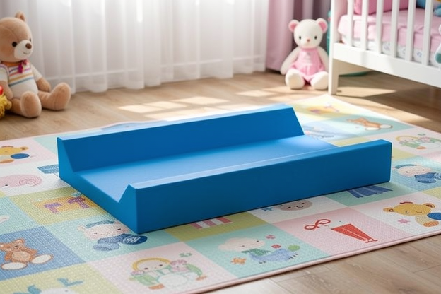 Matelas à langer en mousse bleue posé sur un tapis de motricité dans une chambre bébé lumineuse.