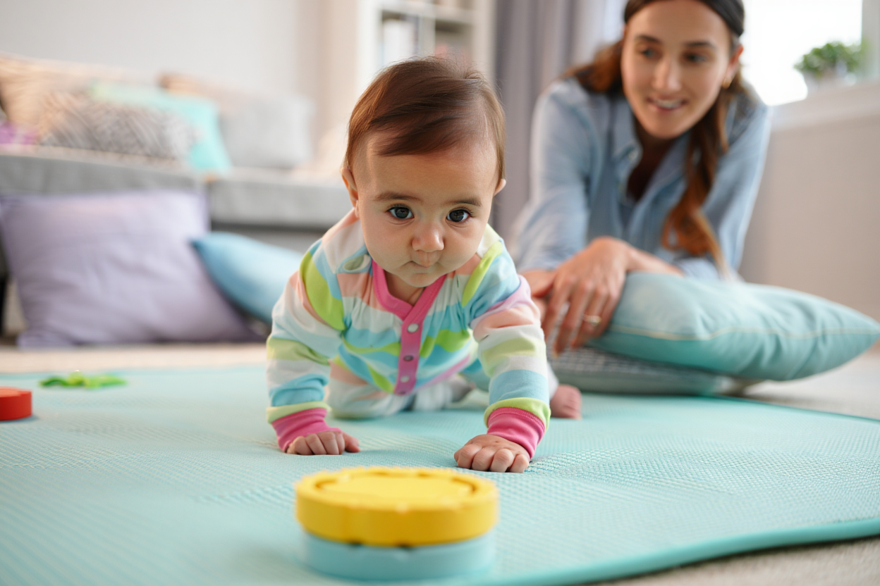 Bébé rampant sur tapis d'éveil