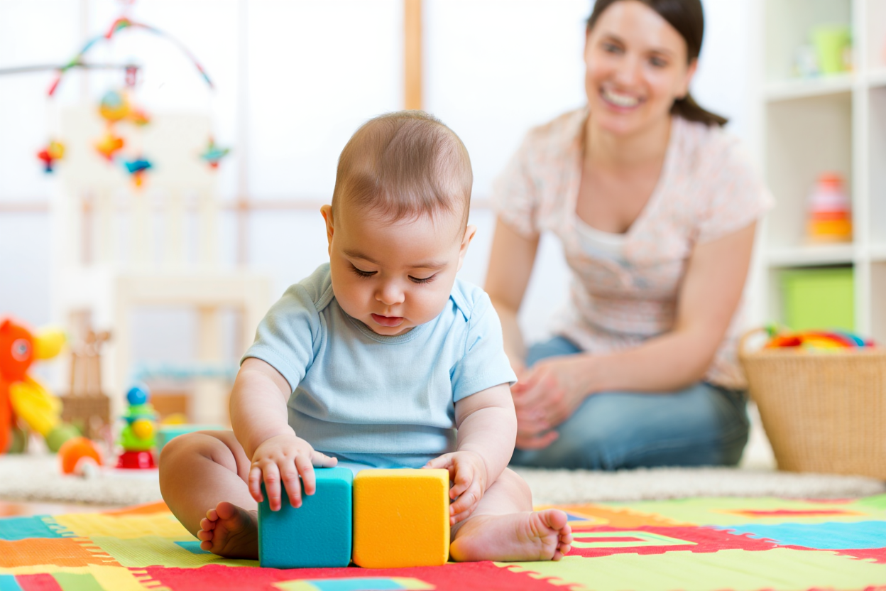 Bébé de 8 mois sur tapis d'éveil