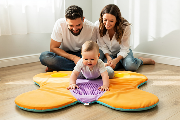 Bébé sur le ventre pratiquant la motricité sur un tapis d'éveil papillon coloré dans une chambre lumineuse