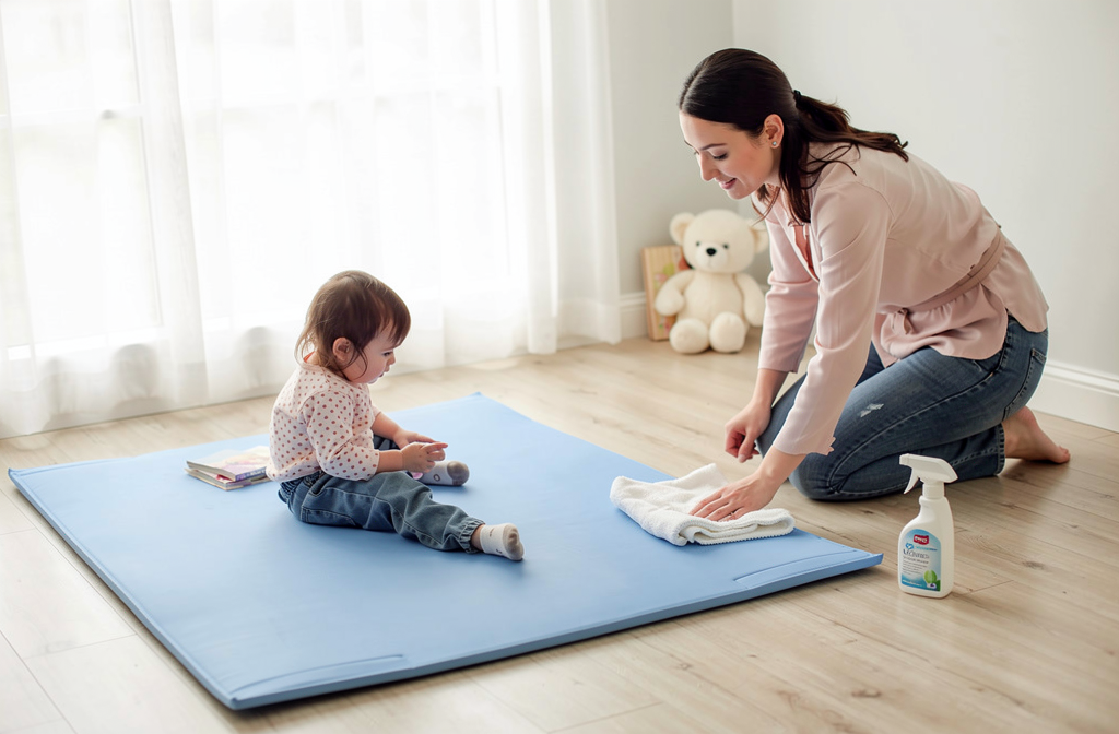 Maman nettoyant un tapis en mousse bleu pour bébé avec un chiffon doux dans une chambre d'enfant lumineuse