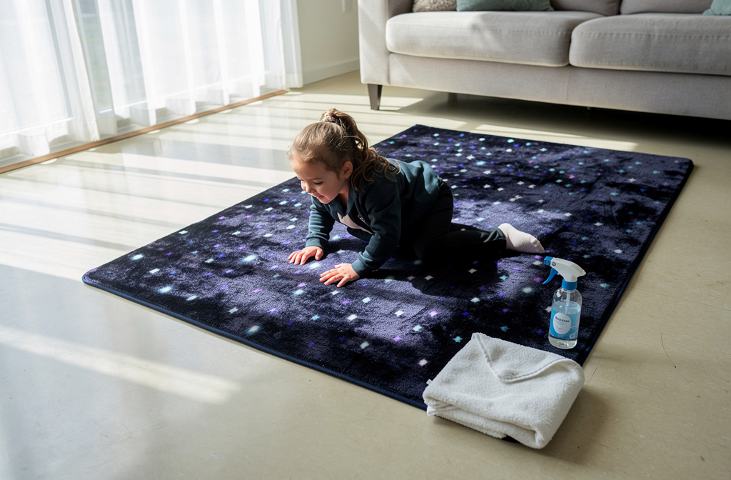 Tapis en mousse noir étoilé pour bébé sur un sol de salon lumineux avec produit nettoyant doux