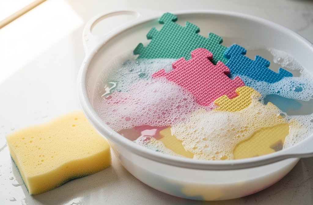 Trempage des dalles mousse dans l'eau savonneuse