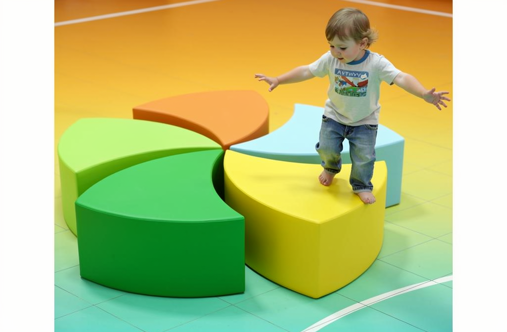 Modules de motricité en mousse colorés disposés au sol pour un parcours d'exercice en maternelle