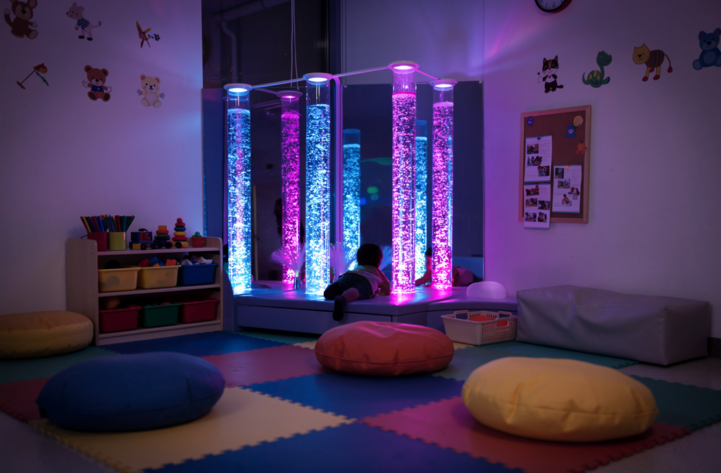 Coin sensoriel avec tubes à bulles lumineux dans une classe maternelle PS-MS