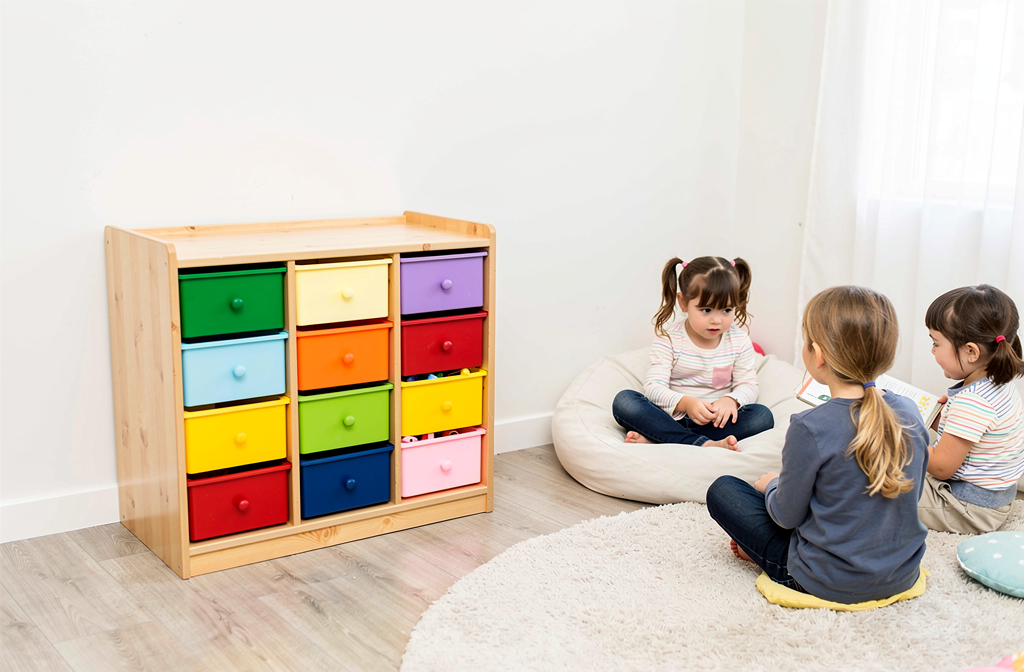 Meuble de rangement coloré personnalisable dans un coin lecture de classe maternelle