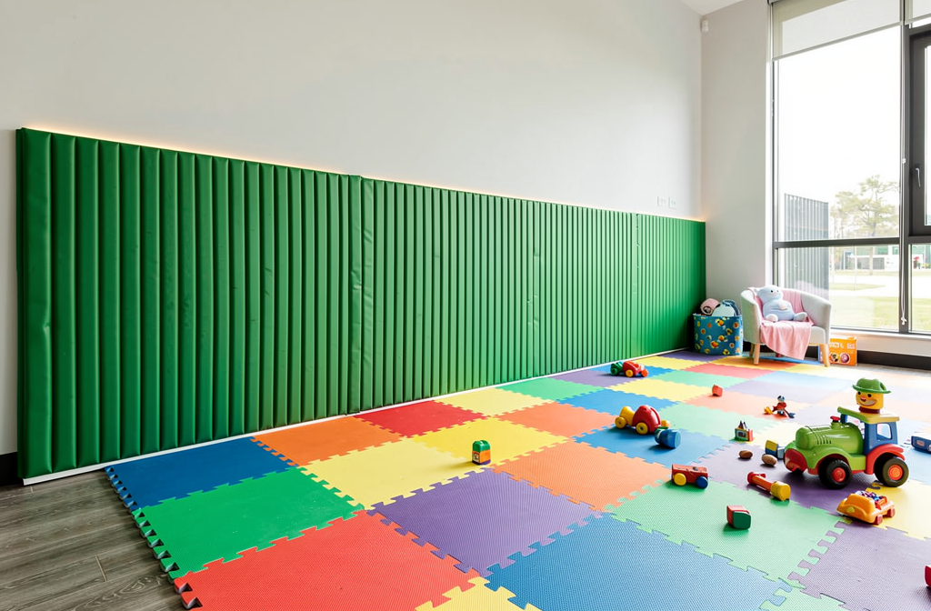 Protection murale verte en mousse installée dans une salle de jeux de crèche lumineuse et sécurisée