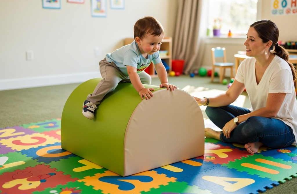 Module en mousse pour enfant lors d'une séance de psychomotricité.