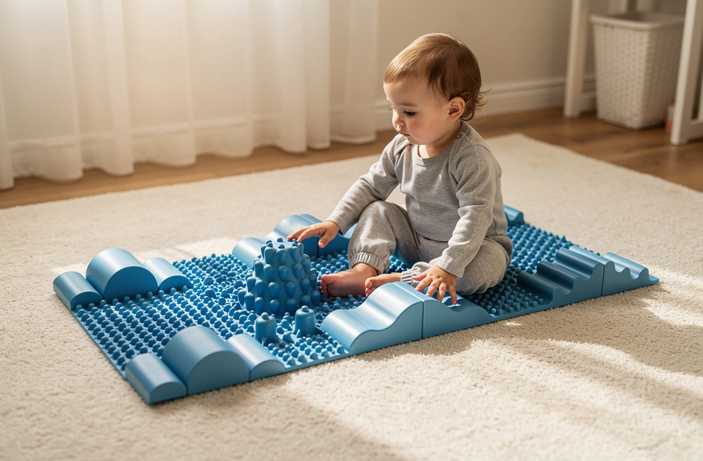 Tapis sensoriel en mousse bleue pour le développement psychomoteur des tout-petits