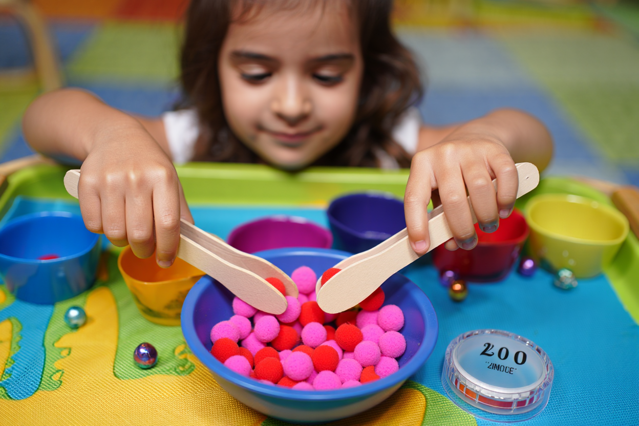 Enfant jouant avec des pinces et des pompons