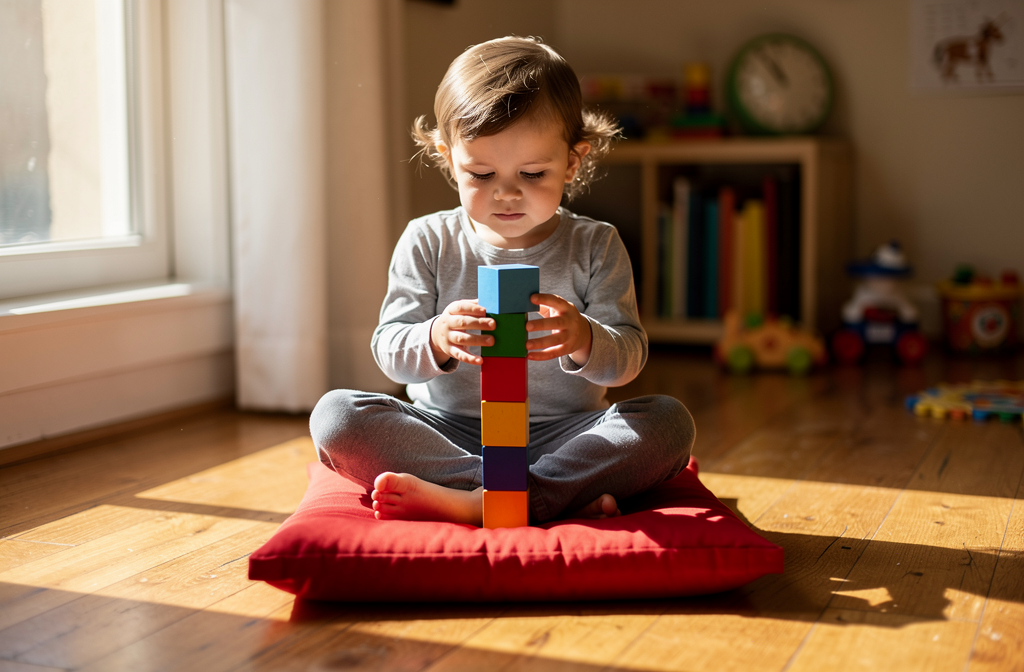 Enfant assis sur un tapis carré rouge en train de jouer avec des cubes en bois.