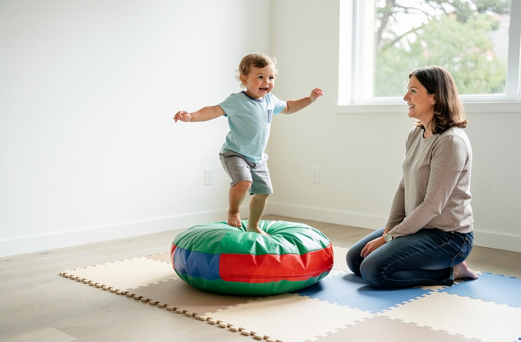 Coussin de motricité gonflable coloré dans un coin de salle de jeux lumineuse.