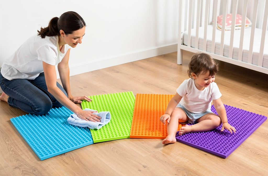 Tapis sensoriels colorés utilisés dans une chambre d'enfant lumineuse.