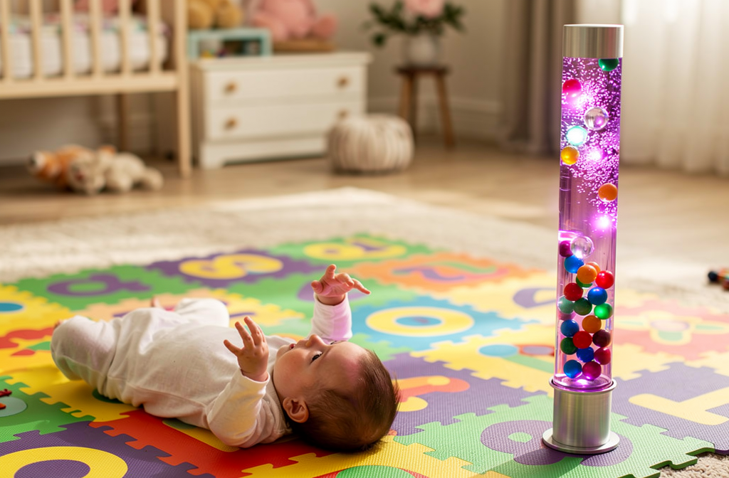 Bébé allongé sur un tapis sensoriel observant une colonne à bulles lumineuse