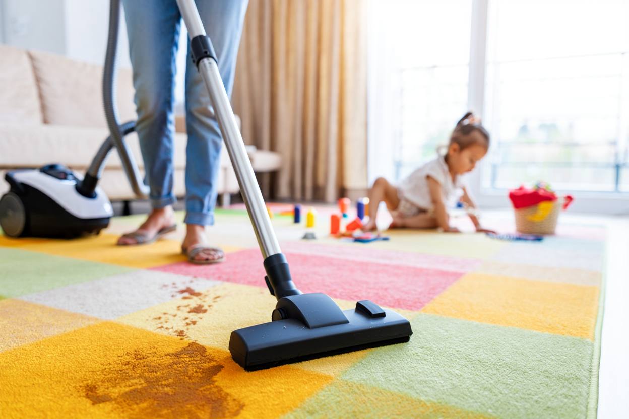Maman nettoyant un tapis avec aspirateur moderne