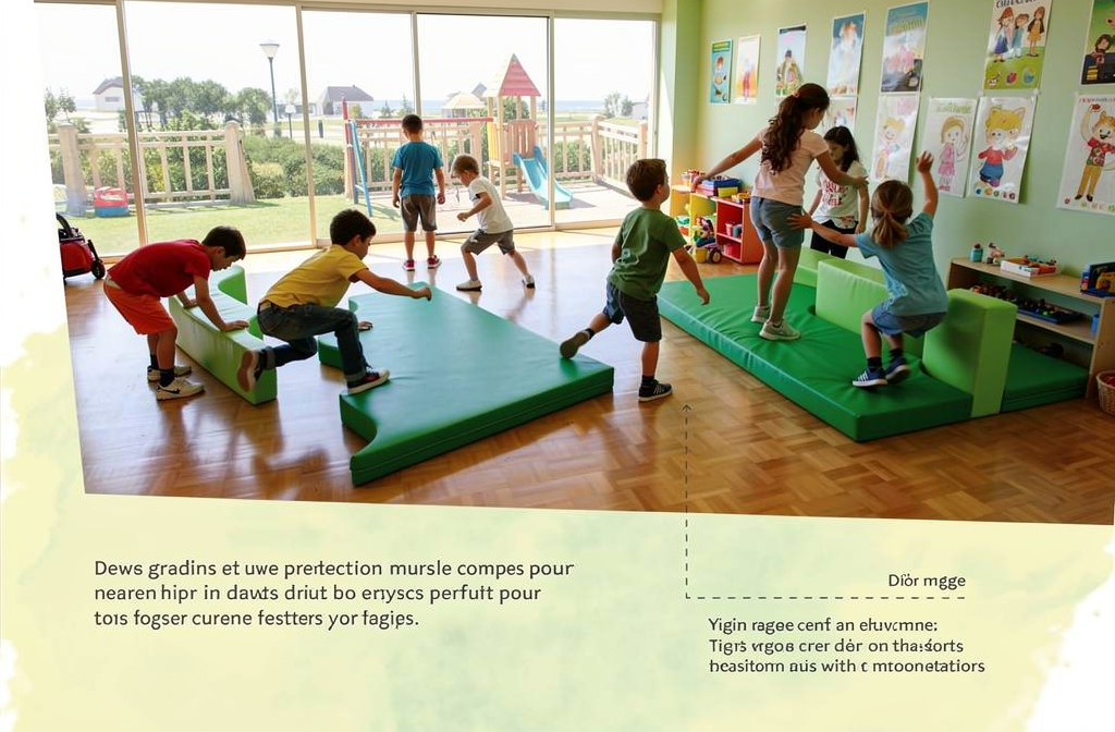 Modules de motricité en mousse verte utilisés par des enfants en maternelle.