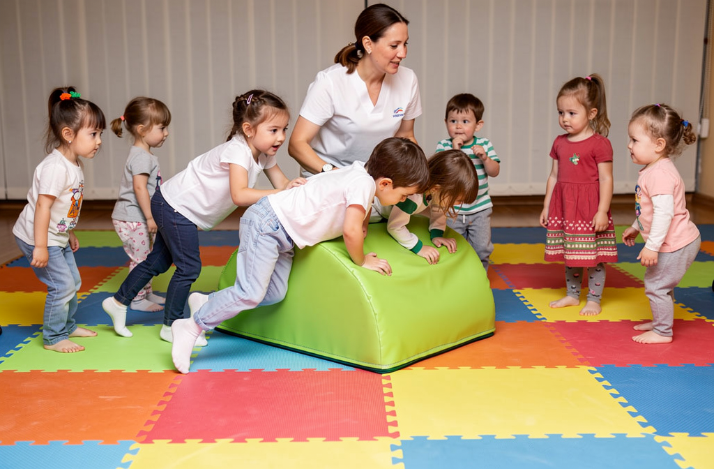 Module en mousse vert utilisé pour un jeu collectif de psychomotricité avec des enfants.