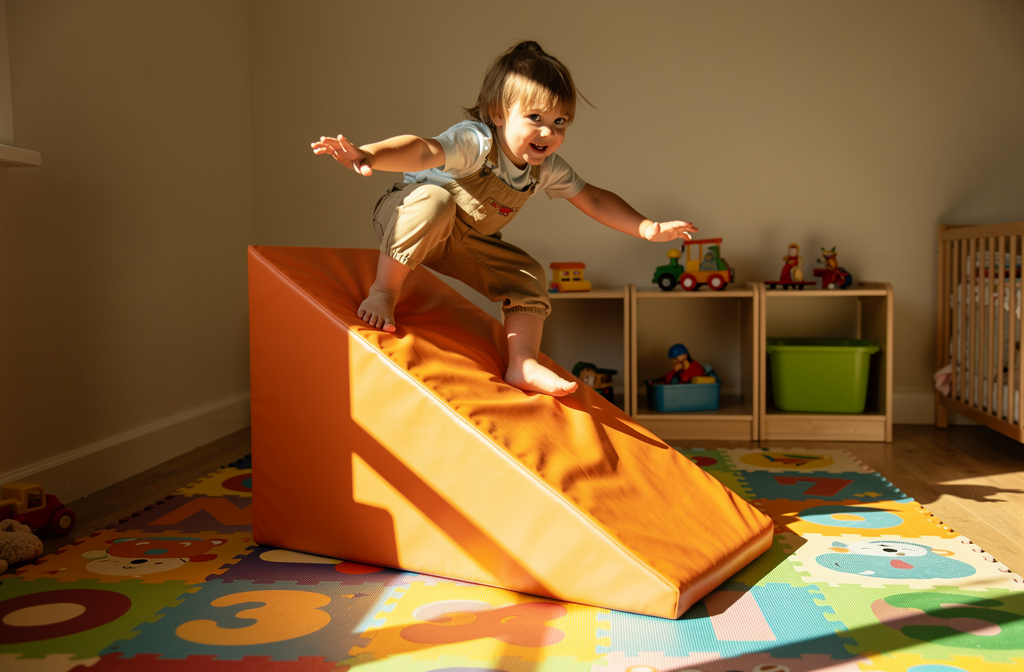 Coin psychomotricité avec rampe orange pour enfants de 3-4 ans