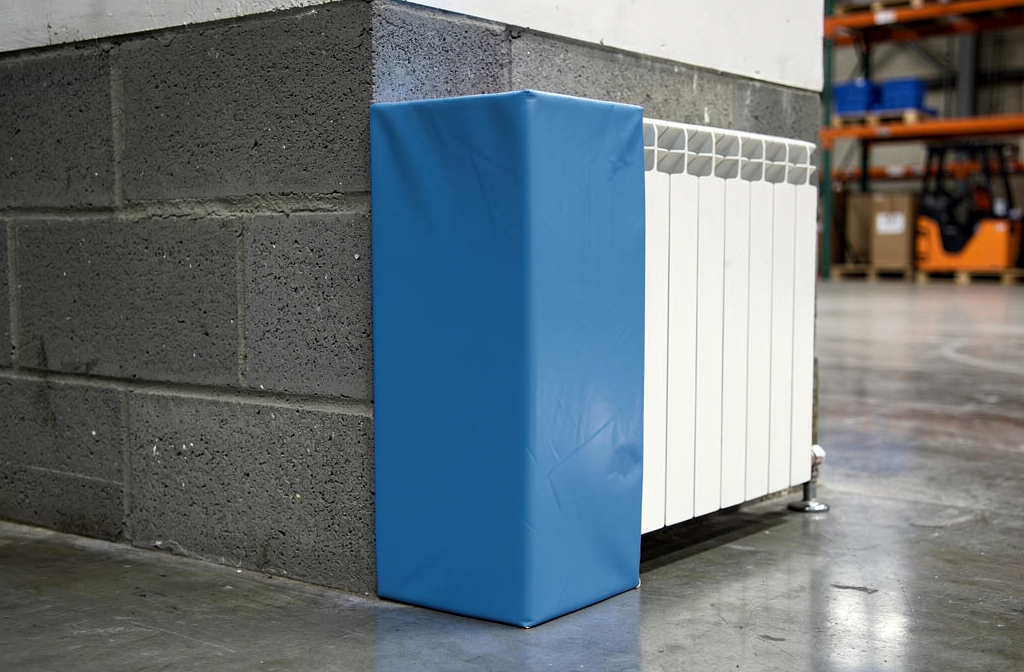 Protection d'angle bleue installée dans un entrepôt industriel près d'un radiateur