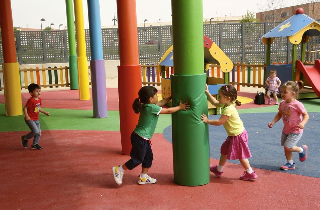 Protection de poteau colorée installée dans une aire de jeux pour enfants.