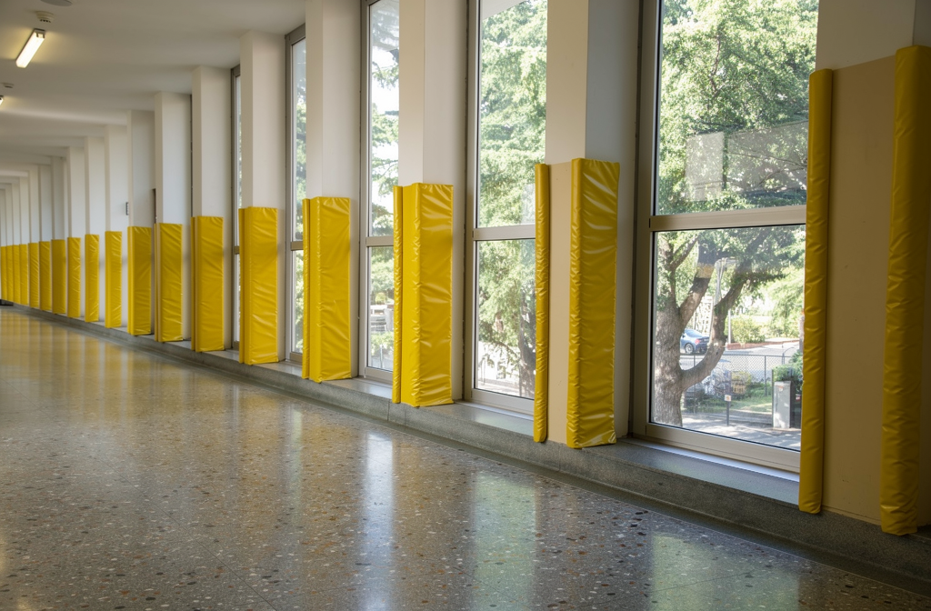 Protections de colonnes jaunes installées dans un couloir d'hôpital moderne