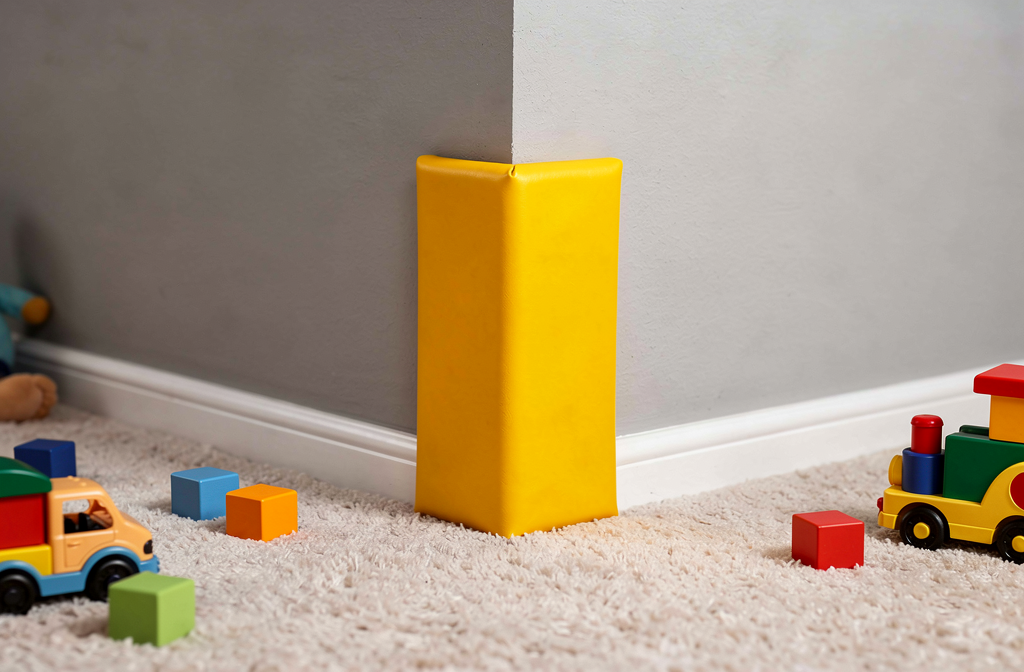 Protection d'angle colorée installée sur un mur de salle de jeux pour enfants.