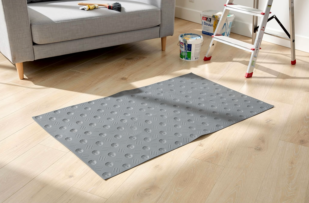 Bâche de protection adhésive au sol lors d'un chantier de rénovation