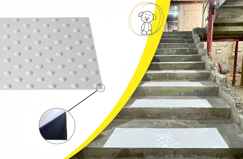 Bâche adhésive antidérapante installée sur des escaliers en béton pendant des travaux.