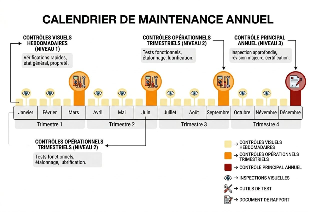 Calendrier de maintenance annuel pour sécurité aire de jeux enfants avec contrôles visuels et opérationnels répartis sur les trimestres, incluant rapports et inspections.