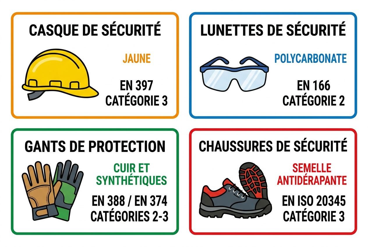 Casque de sécurité jaune et lunettes de sécurité bleues, gants de protection cuir et synthétiques, chaussures de sécurité rouges et noires, affiches indiquant les niveaux et catégories. équipement protection bâtiment public