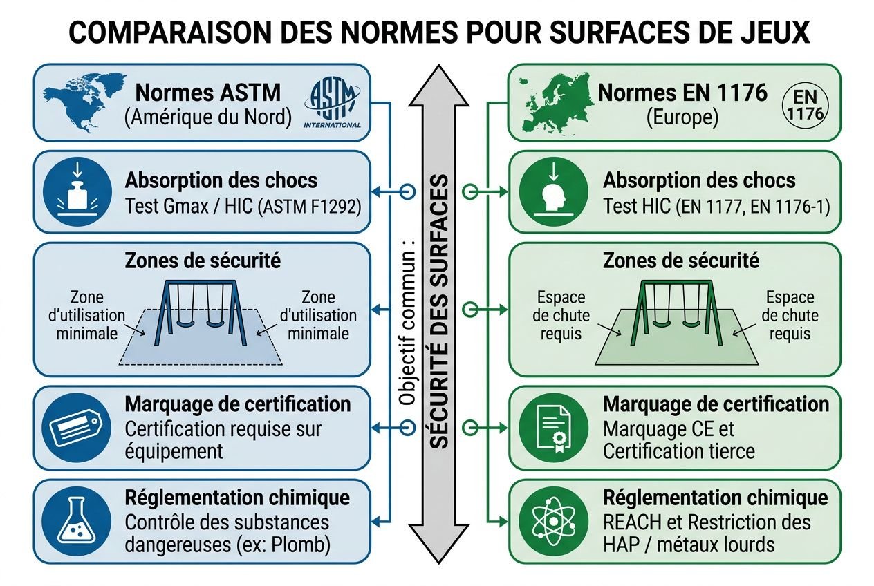 Comparaison des normes pour surfaces de jeux: norme ASTM pour l’Amérique du Nord vs normes EN 1176/EN 1177 européenne, avec zones de sécurité et marquage.