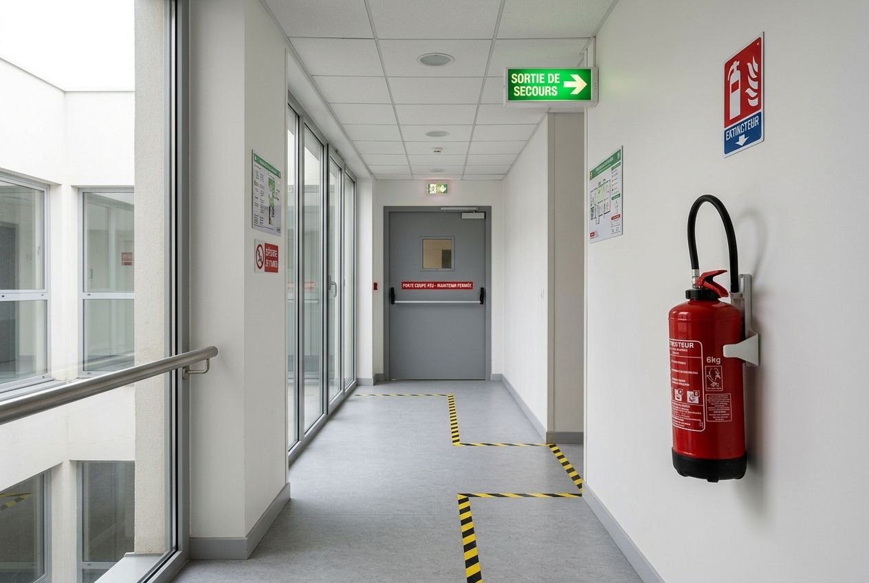 Couloir d’un bâtiment public avec issue de secours, flèche verte “Sortie de secours”, extincteur rouge et signalisation d’équipement de protection murale.