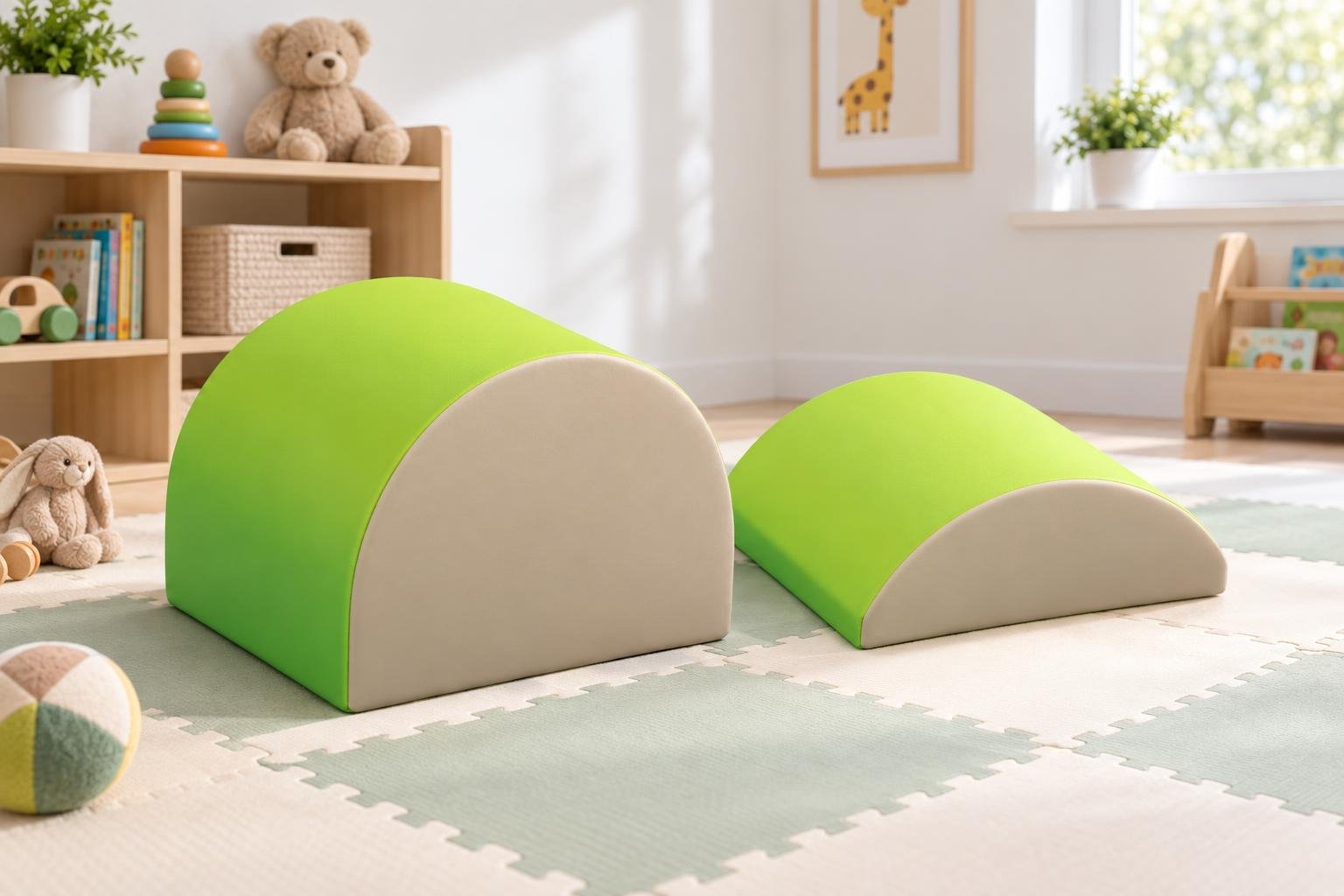 Deux demi-arches vertes de mousse placées sur un tapis de jeu dans une chambre d'enfants.
