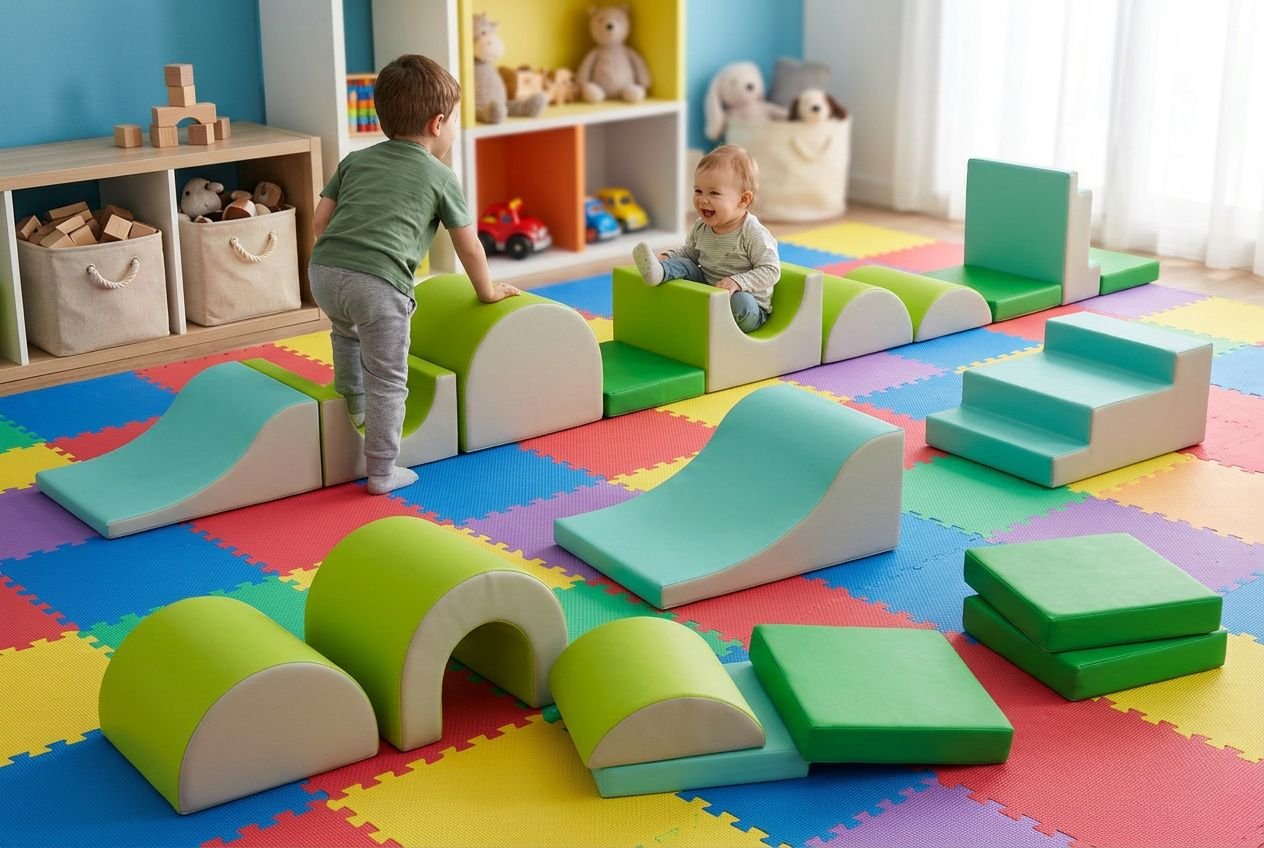Deux enfants jouent dans une aire de jeux intérieure colorée avec des tapis puzzle. Murs bleus et rangements remplis de jouets, équipements mous et modules d’escalade en mousse, parfaits pour comment aménager une aire de jeux.