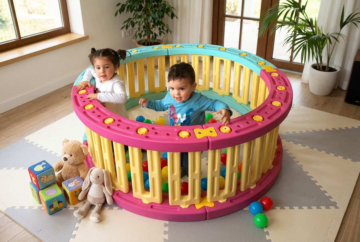 Deux enfants jouent dans une aire de jeux ronde colorée en intérieur, entourée de peluches et de jouets, avec toboggan/structure circulaire et pièces jaunes et roses. id? idée aire de jeux