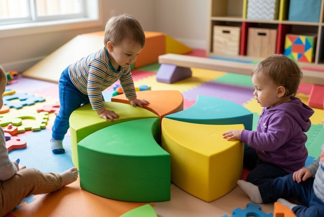 Deux jeunes enfants explorent des pièces d’équipement motricité petite enfance colorées formant un parcours de blocs mous, sur un tapis pédagogique.