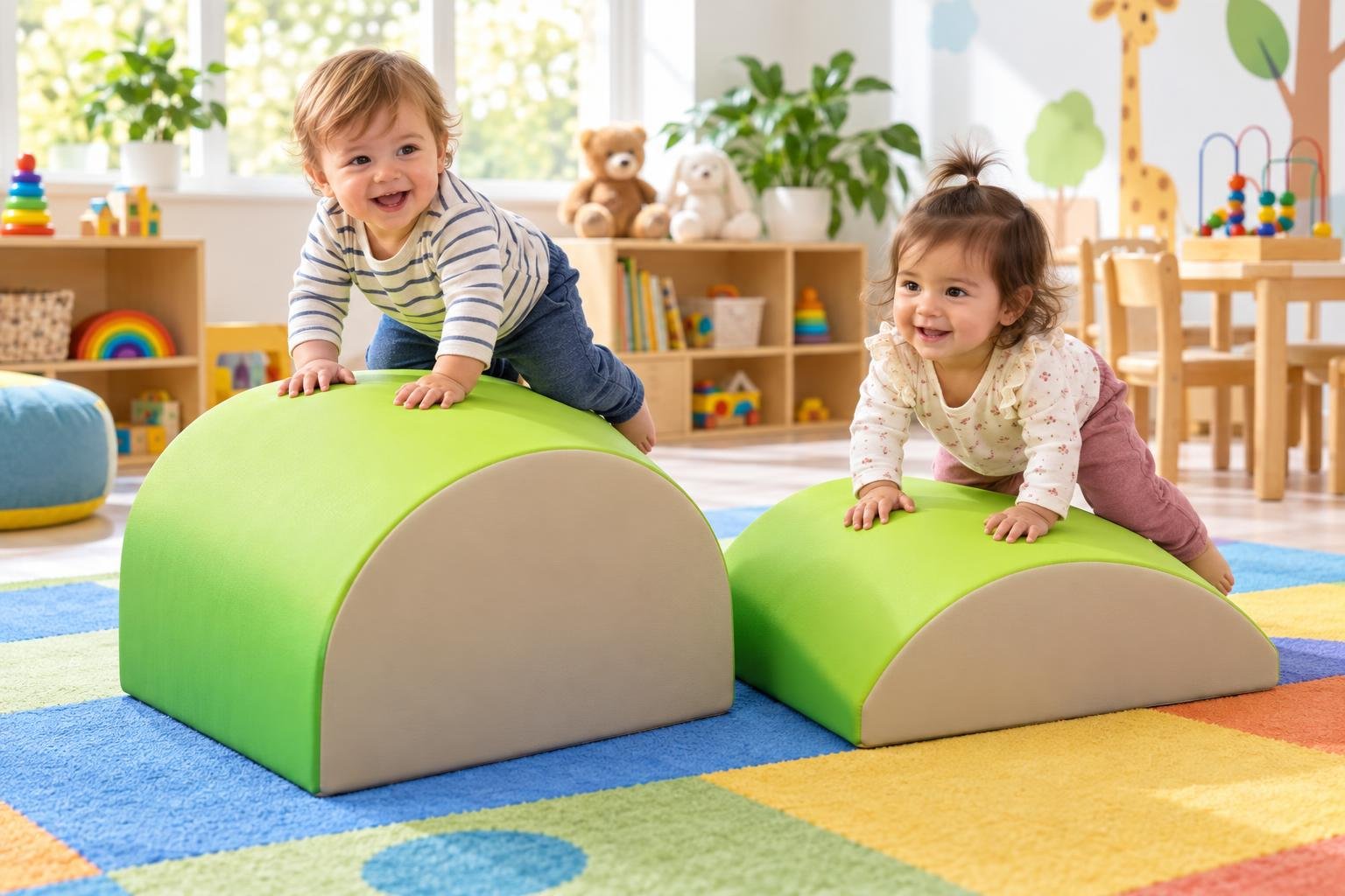 Deux jeunes enfants jouent ensemble sur des modules mous arrondis verts dans une salle de jeux d’accueil.