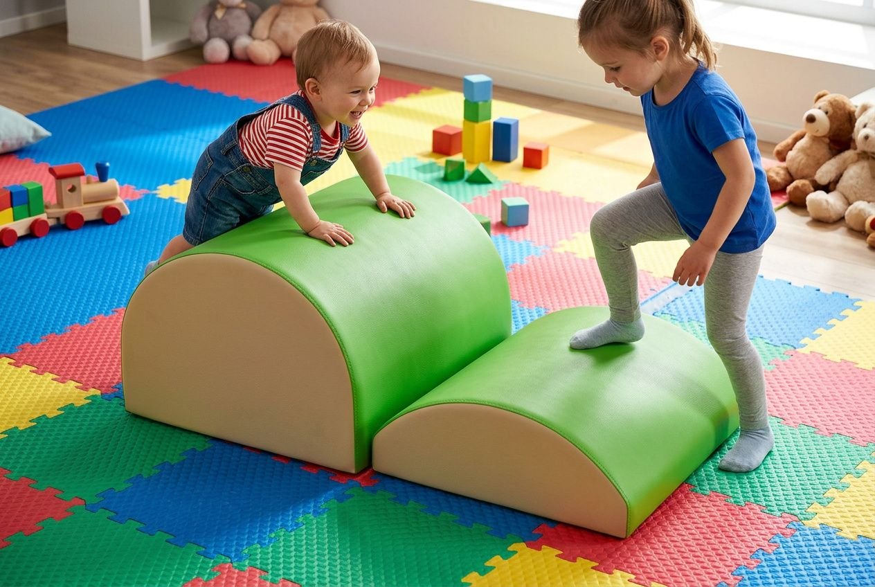 Deux jeunes enfants jouent sur des modules gonflables verts, l’un grimpe dessus tandis que l’autre se tient debout, sur un sol en tapis de jeu coloré. activité motrice enfant 2 a