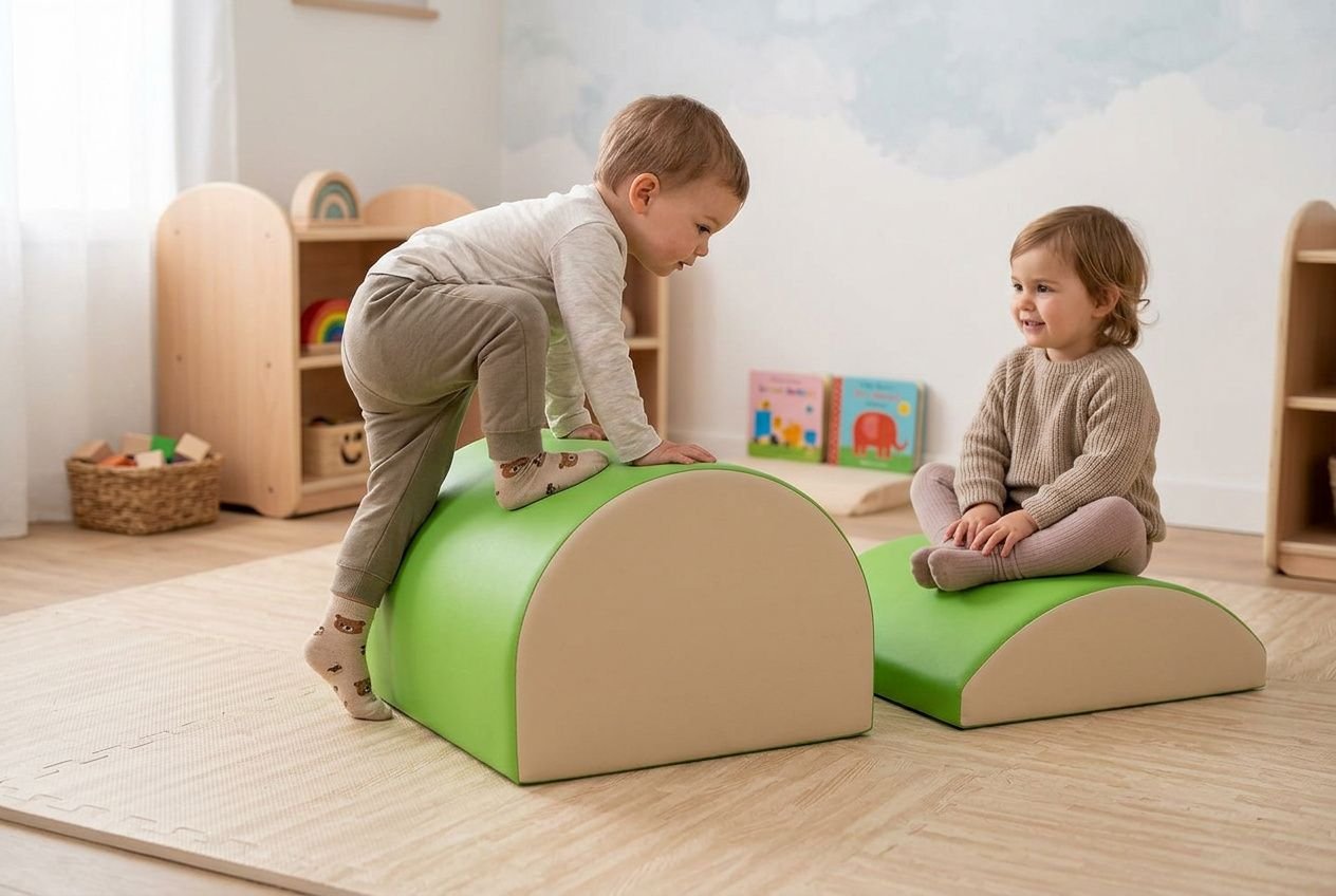 Deux jeunes enfants jouent sur des modules de motricité en mousse vert et beige, dans une salle de crèche ou maternelle, illustration d’équipement motricité petite enfance.