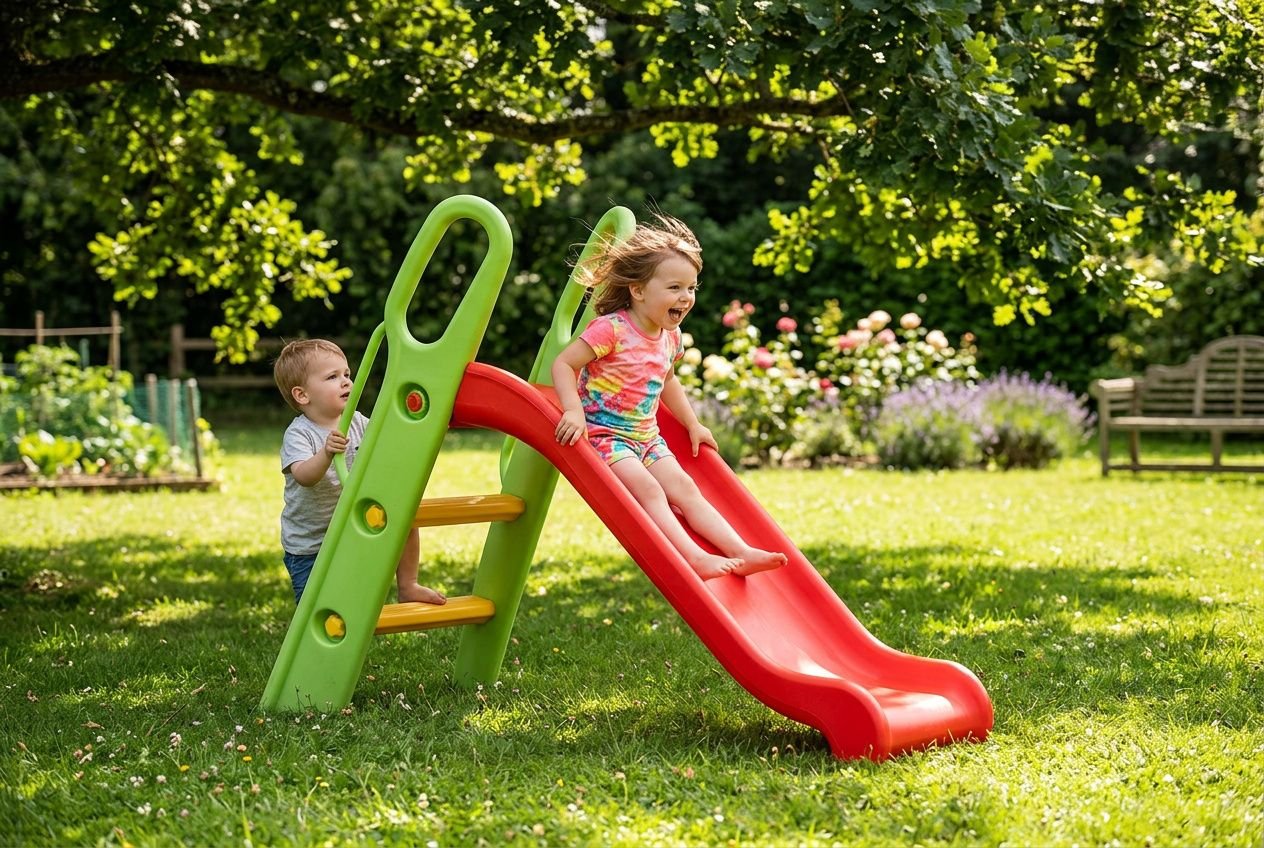 Deux jeunes enfants jouent sur une structure d’aire de jeux avec une balançoire et un toboggan rouge dans un jardin ensoleillé. équipements aire de jeux.