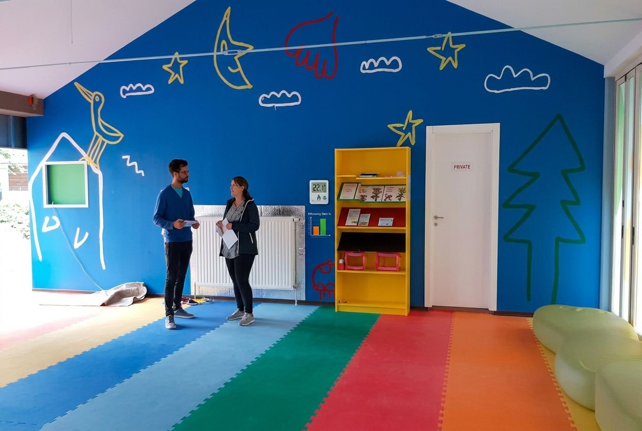 Deux personnes discutent dans une pièce aux murs bleus décorés de dessins d’arbres et de nuages; tapis multicolores au sol et étagère jaune en arrière-plan. They montrent l’espace intérieur.