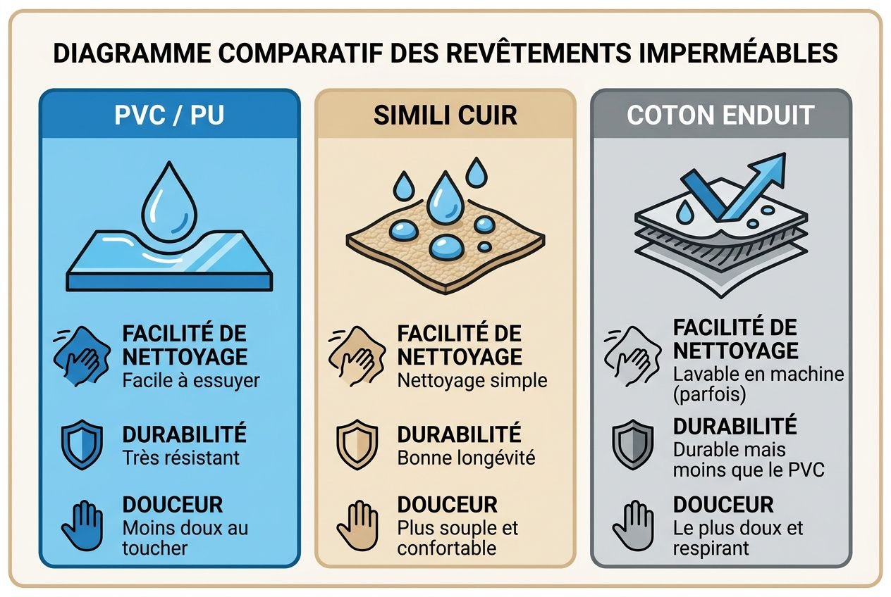 Diagramme comparatif des revêtements imperméables: trois colonnes—PVC/PU, SIMILI CUIR et coton enduit—avec icônes et points sur facilité de nettoyage, durabilité et douceur. tapis de motricité comparatif intégré.