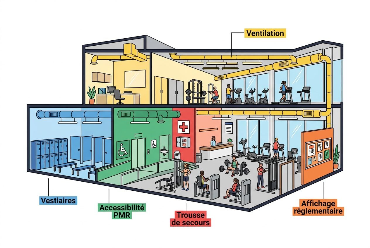 Diagramme sectional d’une salle de sport montrant ventilation, vestiaires, zones d’accessibilité PMR, trousse de secours et affichage réglementaire, lié aux réglementations normes sécurité sportive.