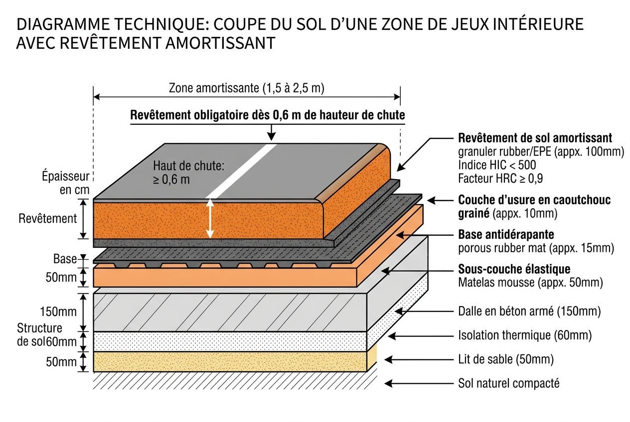 Diagramme technique montrant les couches d’un tapis pour aire de jeux intérieur avec revêtement amortissant et protections des angles.