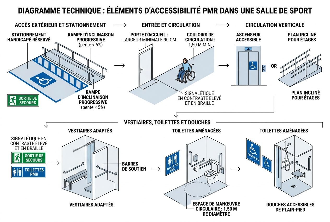 Diagramme technique montrant les éléments d’accessibilité PMR dans une salle de sport: entrées, circulation, ascenseur, vestiaires et douches, toilettes adaptées, espace de manœuvre et douches accessibles. Inclut signalétique et équipements adaptés. Mot-clé intégré: réglementation salle de sport.