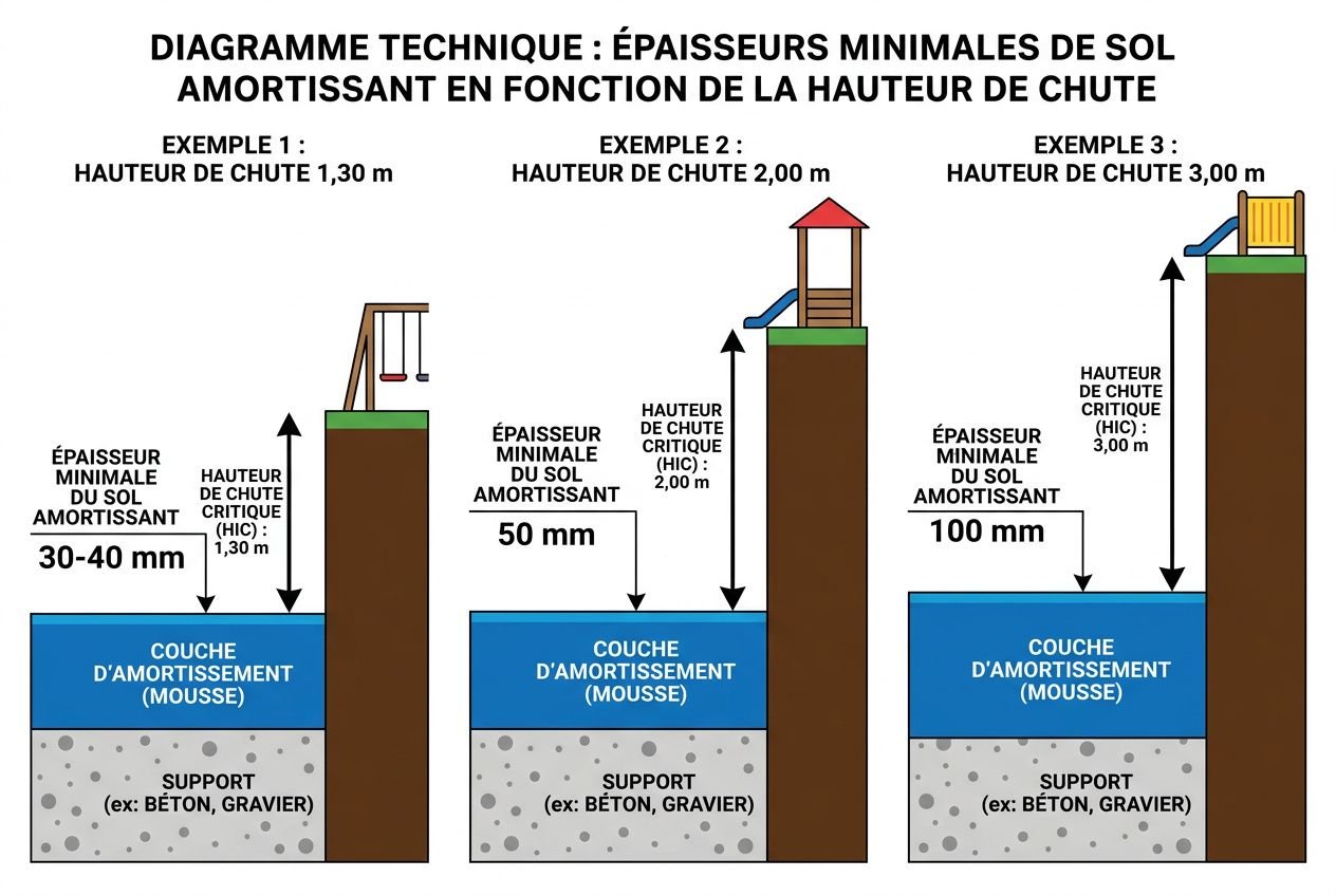 Diagramme technique montrant les épaisseurs minimales de sol amortissant pour aires de jeux: exemples avec hauteurs de chute et couches de amortissement. sécurité aire de jeux enfants.