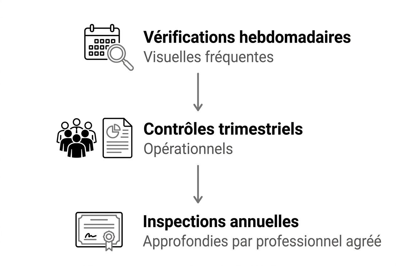 Diagramme des vérifications: Vérifications hebdomadaires, contrôles trimestriels et inspections annuelles avec icônes correspondantes et flèches de progression. intégration du sujet: normes sécurité aire de jeux petite enfance.